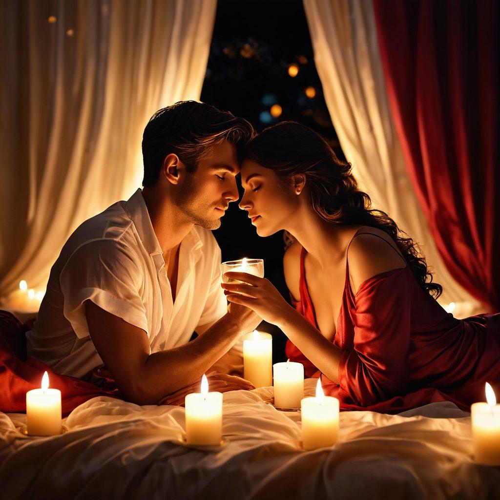 A beautifully lit, intimate scene featuring a couple sharing a tender moment, surrounded by soft, flowing fabrics and warm candlelight. The background should hint at a lush, serene environment, with the gentle glow of twilight. Include elements of sensuality, such as intertwined hands and subtle, passionate expressions. Emphasize rich colors like deep reds and soft golds to evoke warmth and intimacy. super-realistic. vibrant colors. intimate atmosphere.
